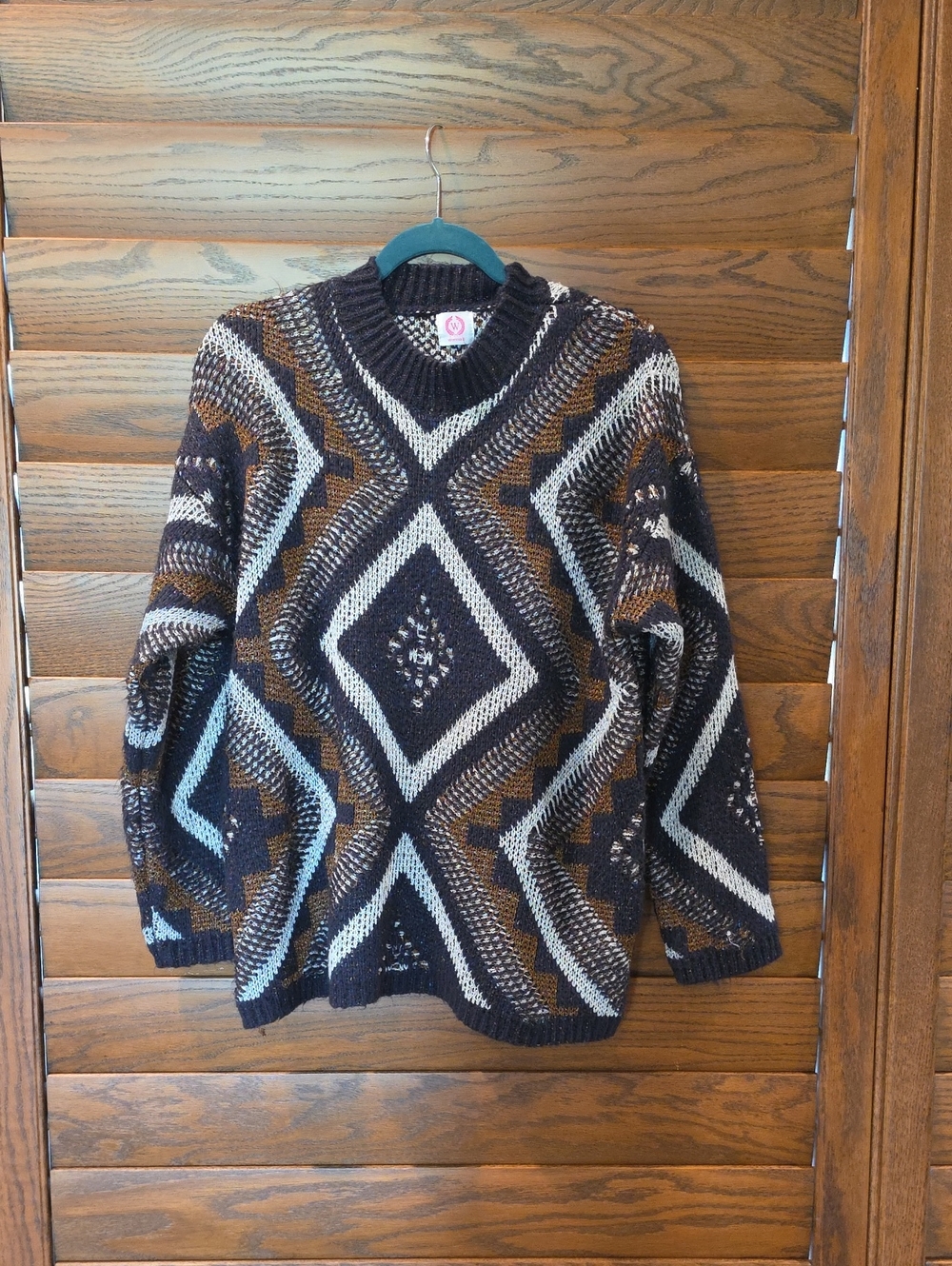 90's Style Geometric Pattern Crewneck Sweater - Black, Copper & Silver